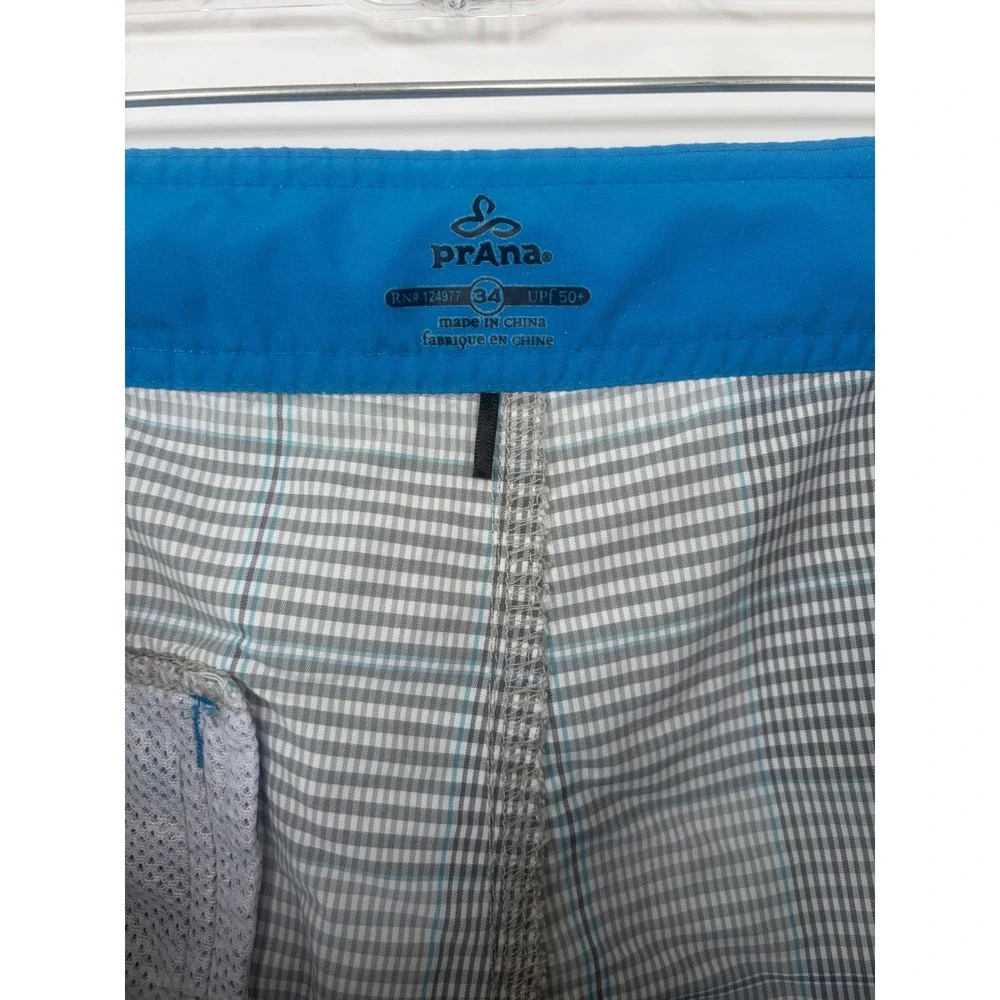 Prana Mens‎ Plaid Board Shorts Size 34 Grey Blue UPF 50+ Swim Trunks